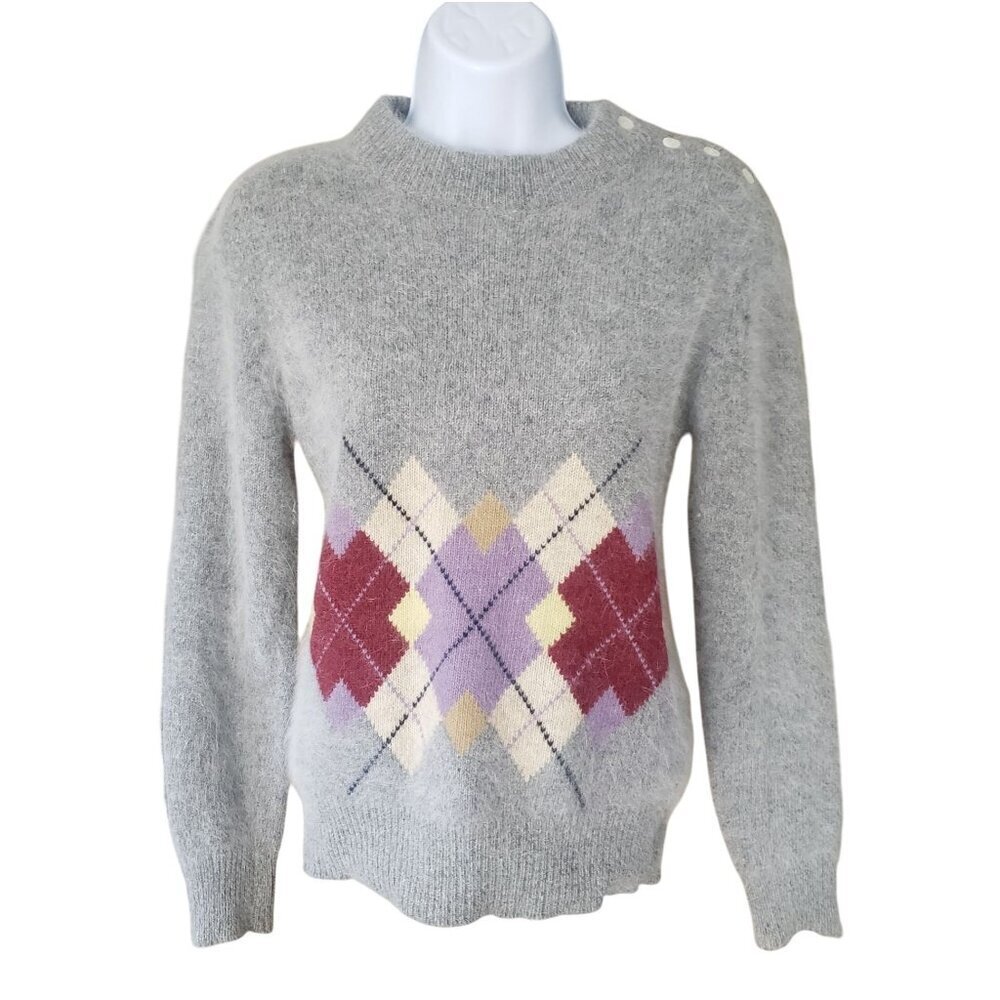 Vintage 1980 Filene's SM Lambswool Angora Argyle Sweater Shoulder Buttons Preppy